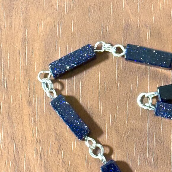 Dark Blue Goldstone Short Necklace w/ Silver Cat on the Moon Pendant - Picture 10 of 14